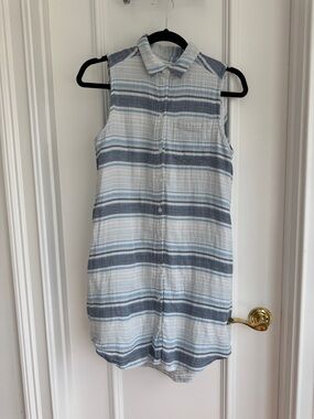 Beach Lunch Lounge Blue Striped Sleeveless Shirt Dress Size Small Cotton